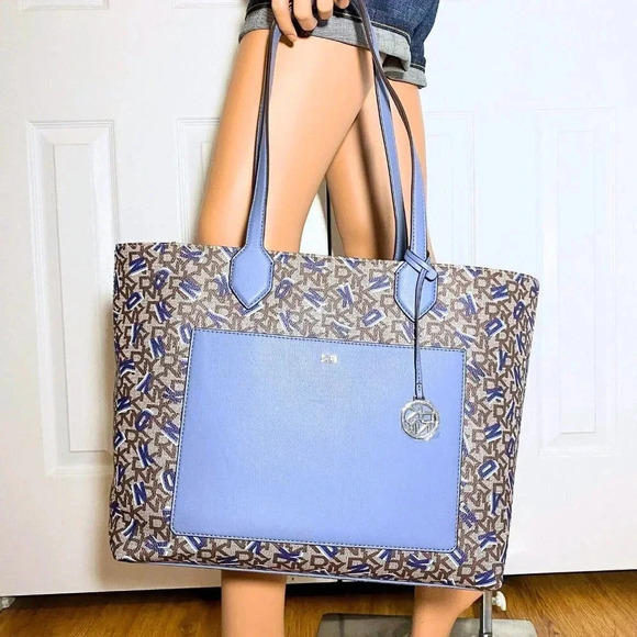DKNY Shoulder Tote Satchel Bag Monogram Print Blue, Brown NWT - Picture 6 of 13